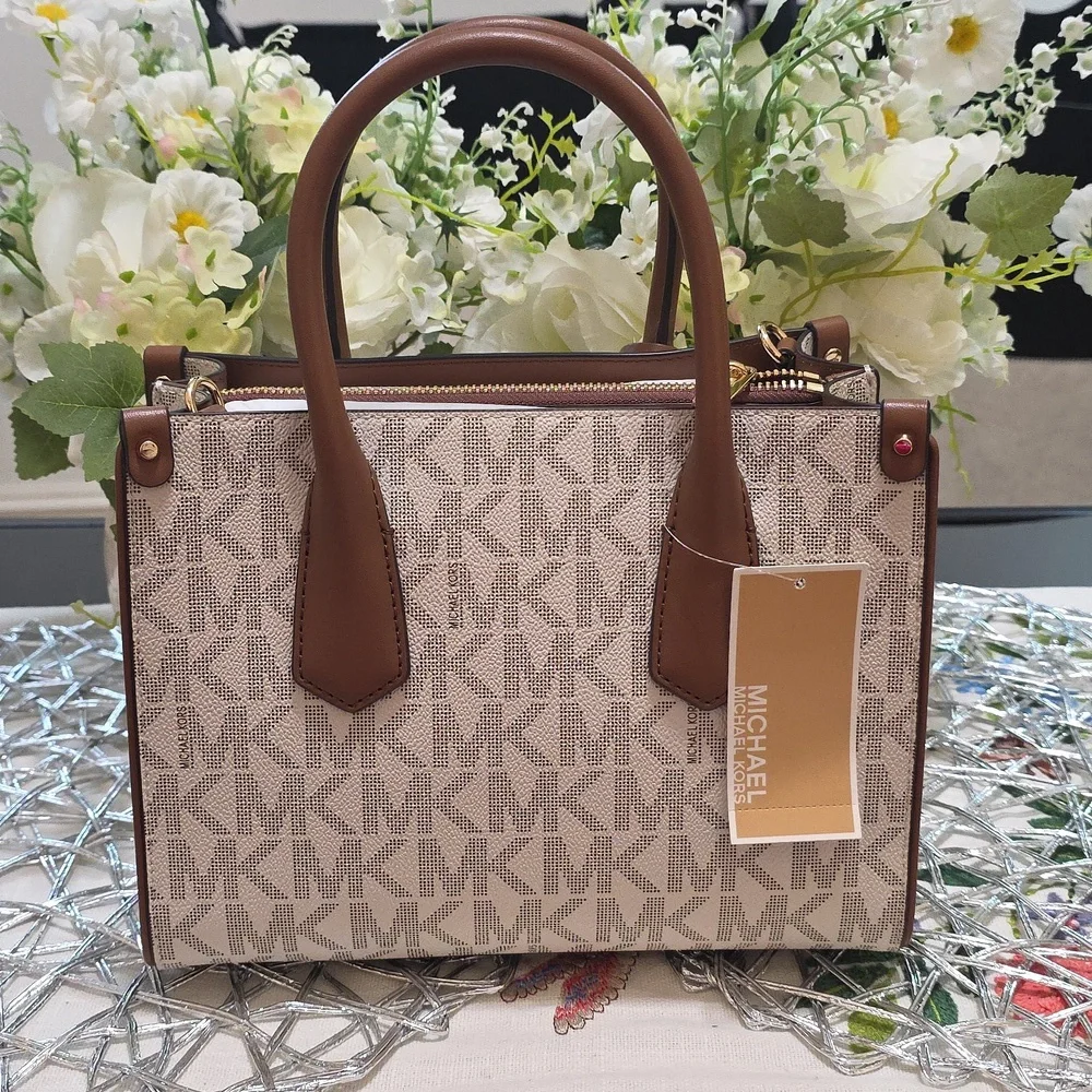 Michael Kors Beige Brown Logo Satchel with Gold Hardware